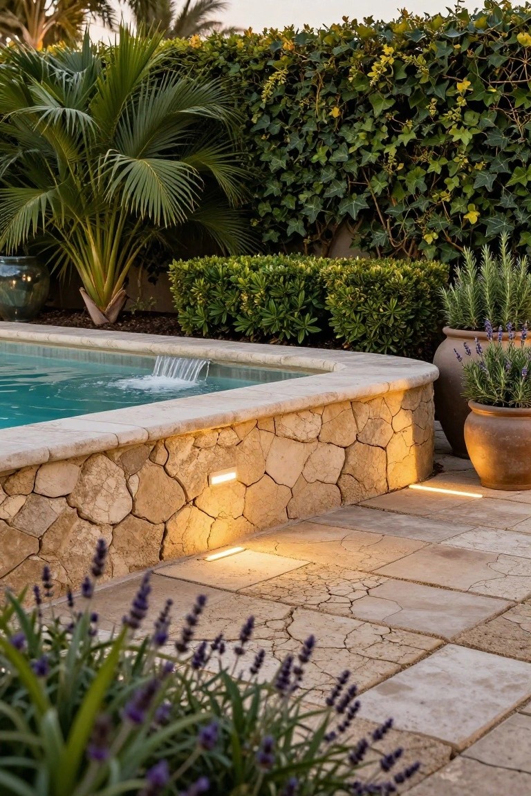 Close view of a turquoise pool with a small waterfall, edged in textured beige stone wall with thin recessed white LED lights glowing underneath, surrounded by potted lavender plants, rosemary, boxwood shrubs, tall palms, and ivy-covered hedges on a stone tile patio at dusk.