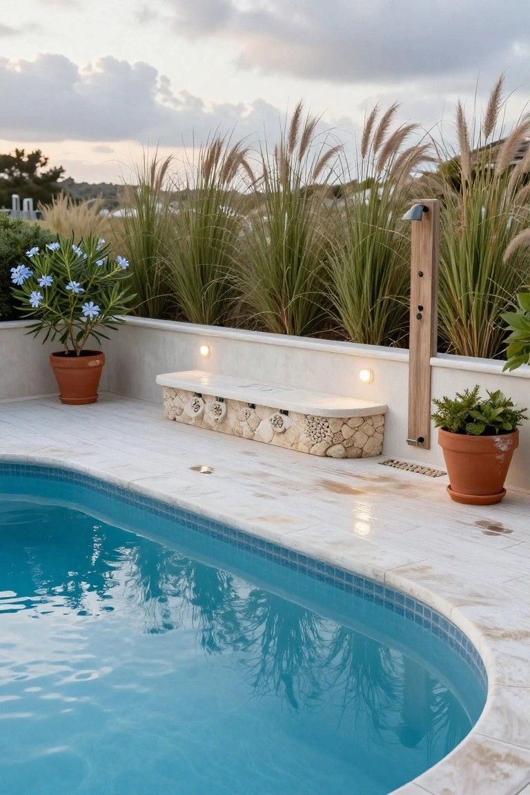 Curved turquoise pool edged in white tiles on a light stone deck, with a low built-in textured stone bench, wooden outdoor shower post, potted blue-flowered shrubs and other plants, and tall feathery grasses in the background under a partly cloudy sky.