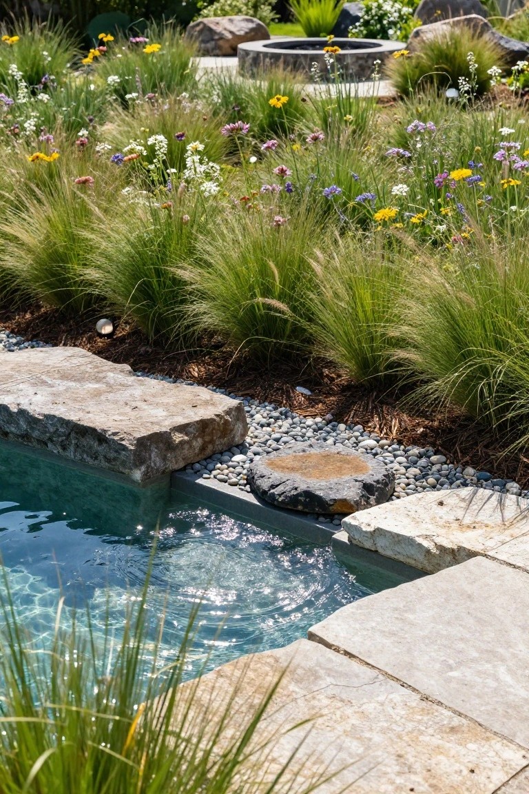 Pool edge with overhanging tall green grasses, colorful wildflowers, stone slabs, pebble mulch, and a distant fire pit surrounded by rocks and plants.