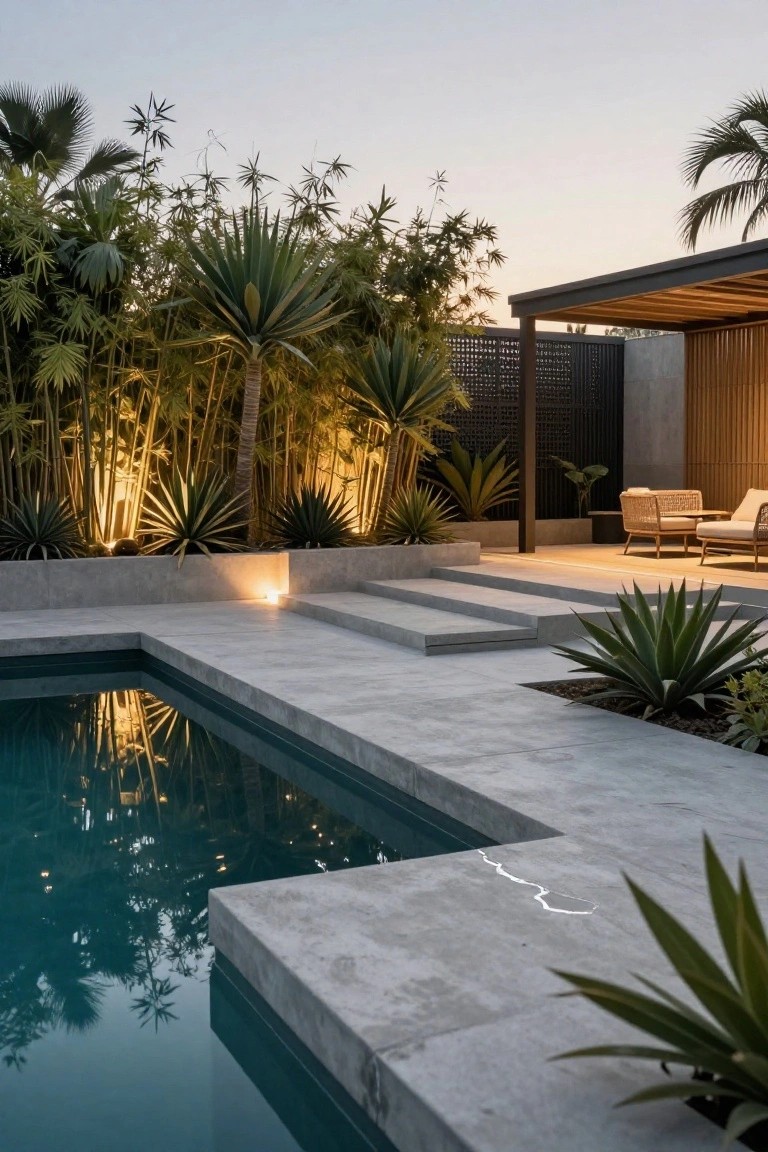 Gray concrete pool deck and steps beside turquoise water, bordered by large agave plants, with tall bamboo and palm trees providing a green backdrop, black lattice screening, a wooden pergola with rattan lounge chairs, and uplighting on plants at dusk.