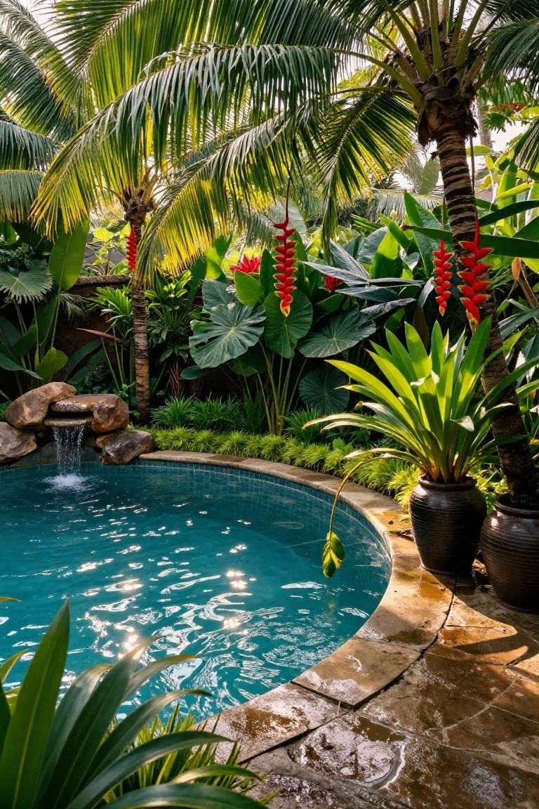 Curved turquoise pool with a small rock waterfall at one end, surrounded by dense tropical plants including tall palms, red heliconias, large elephant ear leaves, and potted greenery on a stone-tiled deck.