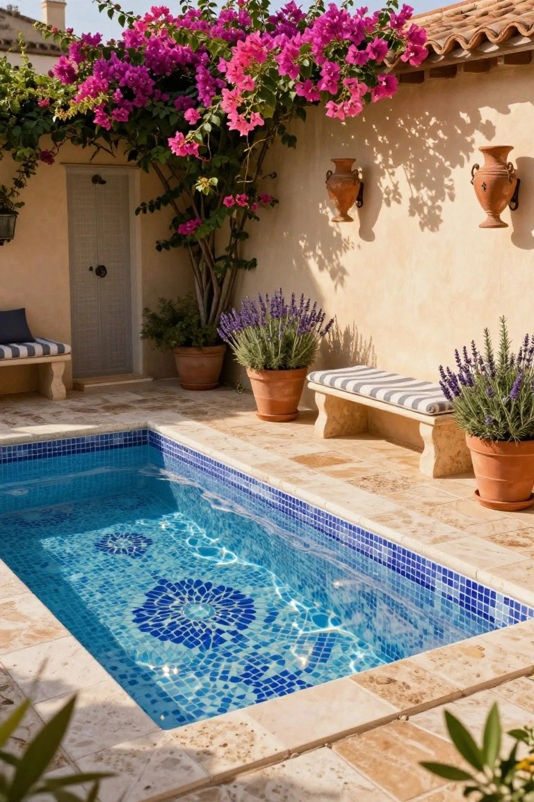 23 Luxurious Backyard Pool Oasis Ideas Worth Saving Small rectangular pool with blue mosaic tile flower design in a beige stone-paved courtyard, surrounded by potted lavender plants, climbing pink bougainvillea, terracotta wall pots, built-in cushioned stone benches, and a light blue door on a stucco wall.