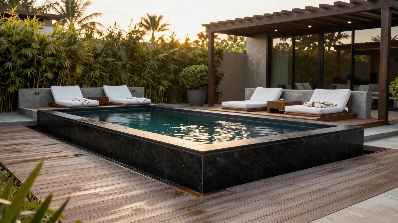 Wooden loungers with white cushions and towels under a bamboo-covered timber pergola on a deck adjacent to a dark granite-edged pool, with greenery and hedges in the background at sunset.