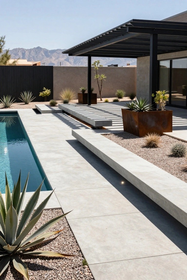 23 Luxurious Backyard Pool Oasis Ideas Worth Saving Modern backyard pool area featuring a long narrow blue pool edged with polished concrete decking, a linear raised concrete bench platform, corten steel planters with agave and grasses, black metal pergola shading the space, and desert mountains in the background.