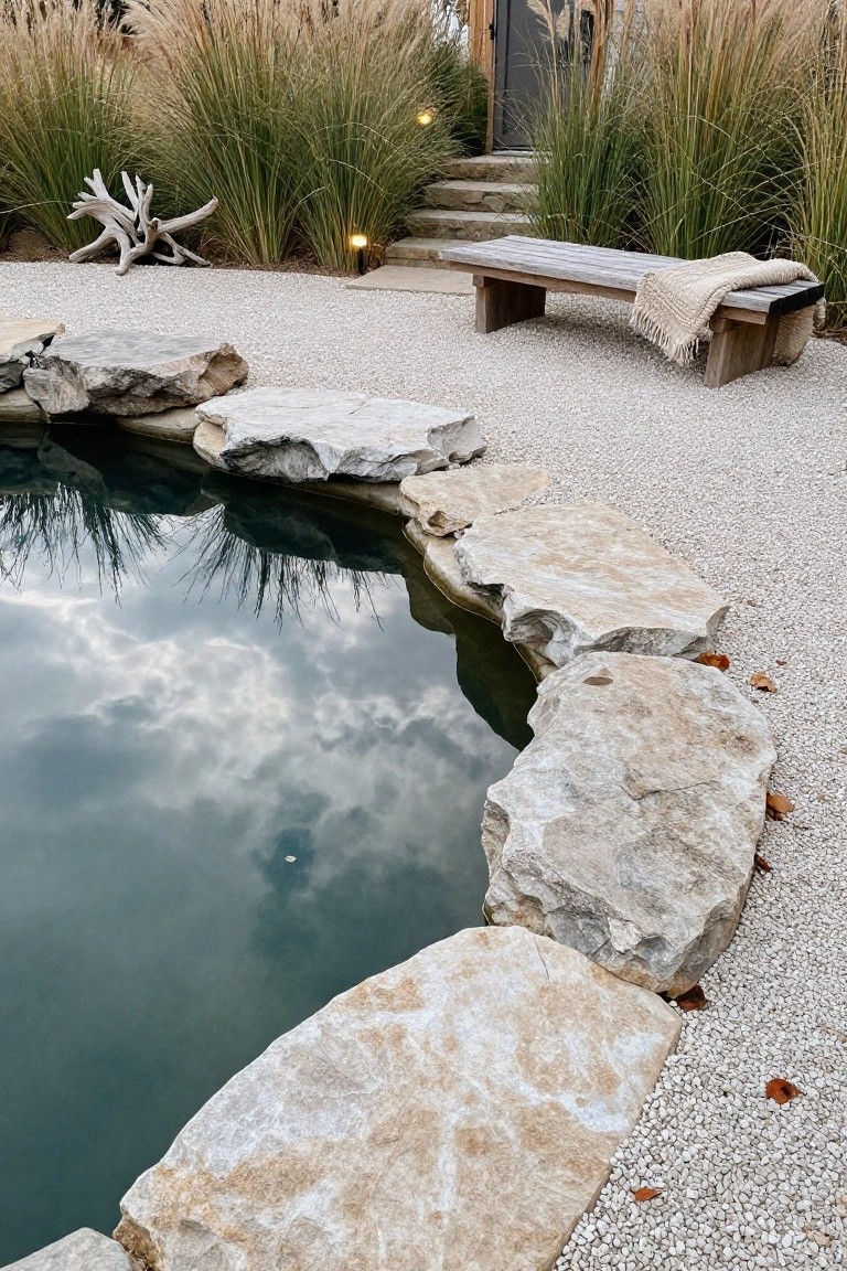 23 Luxurious Backyard Pool Oasis Ideas Worth Saving Backyard pool with irregular light-colored stone boulders forming the curved edge, surrounded by white gravel ground, tall ornamental grasses, driftwood sculpture, wooden bench with blanket, and steps leading to a dark door.