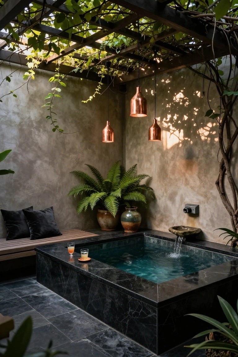 23 Luxurious Backyard Pool Oasis Ideas Worth Saving Small rectangular plunge pool with black marble edges and running water in an outdoor space under a vine-covered wooden pergola, with hanging copper pendant lights, potted plants, ferns, a wooden bench with black pillows, and textured walls.