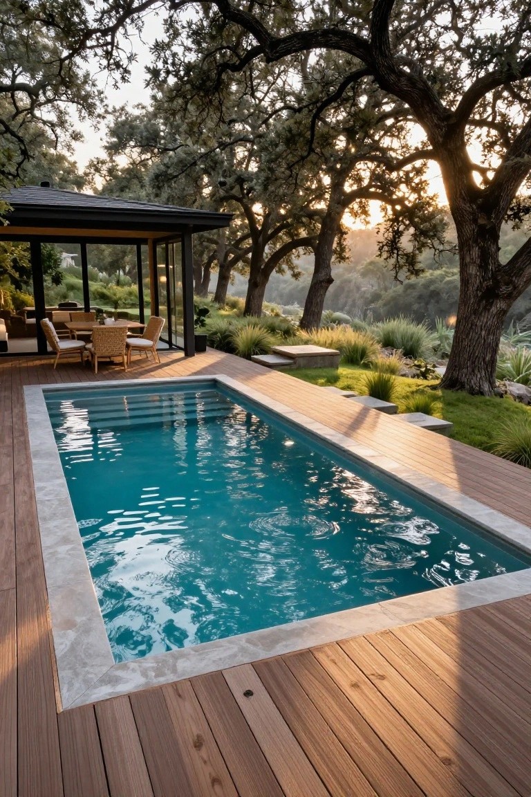 23 Luxurious Backyard Pool Oasis Ideas Worth Saving Rectangular turquoise pool with light gray marble coping surrounded by light brown wooden decking, next to a black metal-framed glass pavilion containing wicker chairs and a round wood table with vase, amid oak trees, tall grasses, and agave plants on a hillside at sunset.