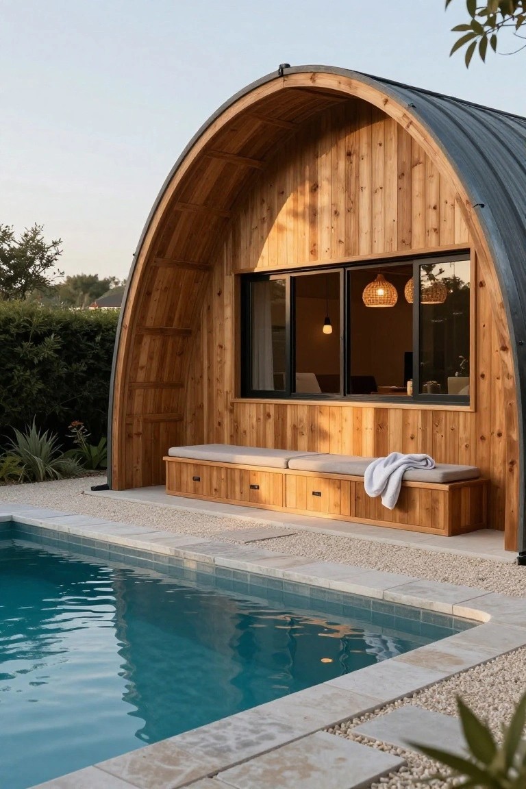 23 Luxurious Backyard Pool Oasis Ideas Worth Saving Curved wooden cabin with metal roof and large black-framed sliding windows positioned beside a blue rectangular swimming pool, built-in wooden benches with beige cushions and a white towel on the lower section, gravel ground with plants around.