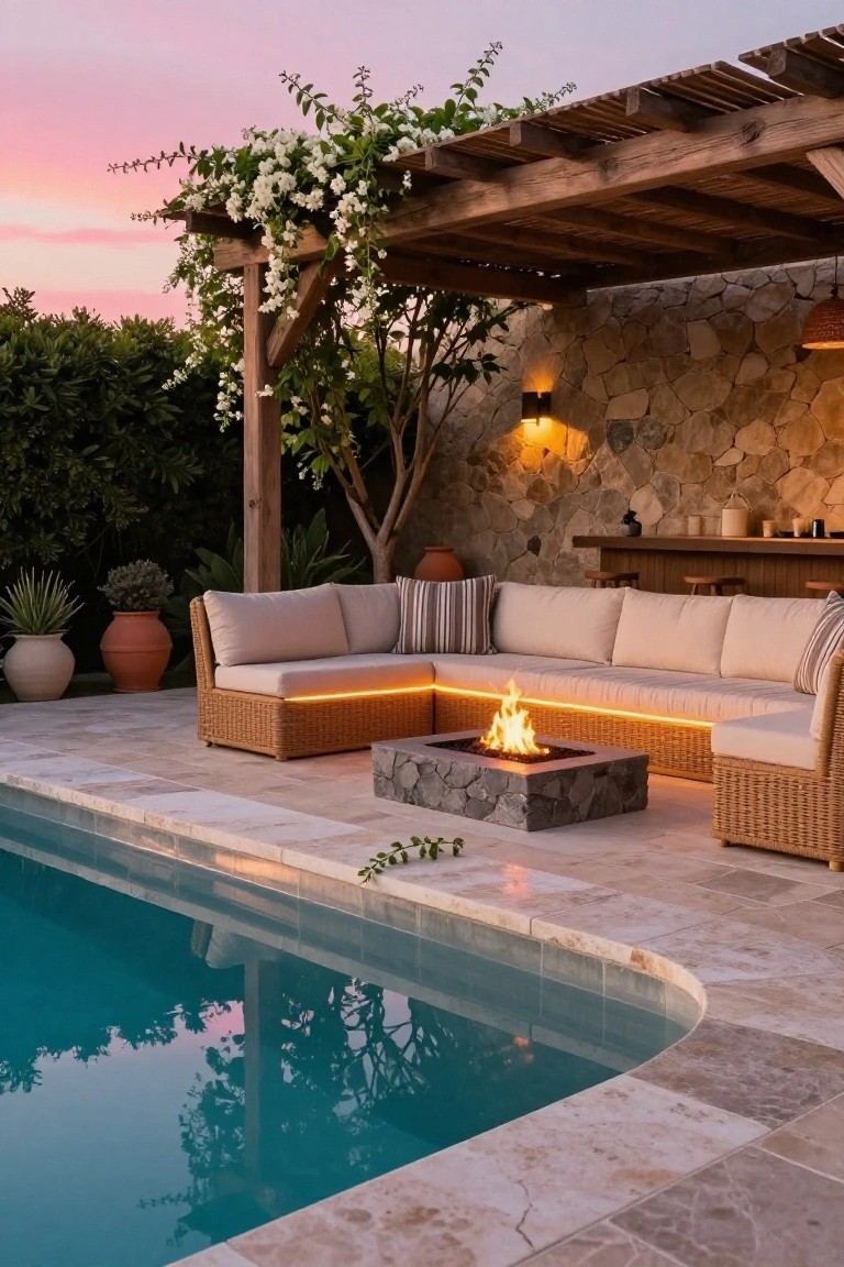 23 Luxurious Backyard Pool Oasis Ideas Worth Saving Beige rattan L-shaped outdoor sofa with cushions surrounds a square stone fire pit table emitting flames, positioned next to an infinity-edge pool, under a wooden pergola covered in white flowering vines, with stone walls and potted plants nearby at dusk.