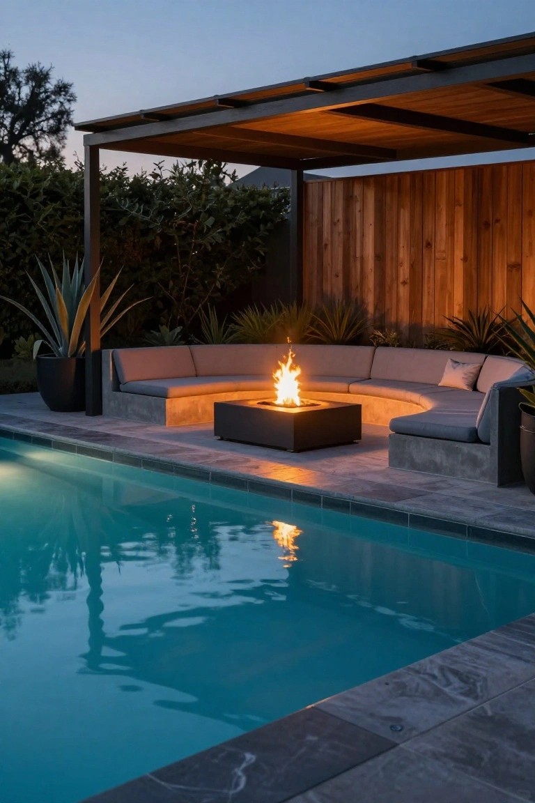 23 Luxurious Backyard Pool Oasis Ideas Worth Saving Curved beige outdoor sectional sofa surrounding a square black fire pit table on a gray tiled patio next to a lit turquoise swimming pool, under a wooden pergola with potted agave plants and wooden fence at dusk.