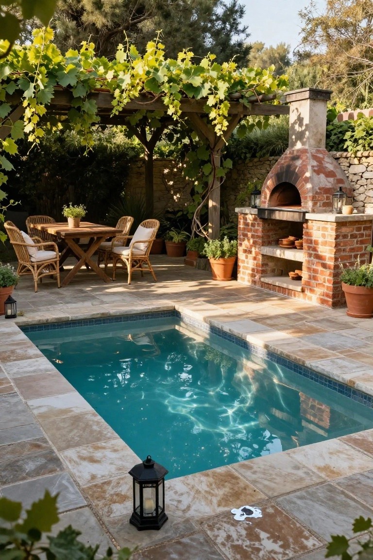 23 Luxurious Backyard Pool Oasis Ideas Worth Saving Small turquoise plunge pool adjacent to brick outdoor oven and wood dining table with wicker chairs on stone tile patio under vine-covered pergola in backyard with potted plants.
