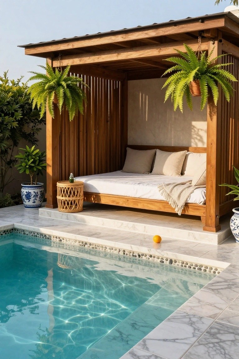 23 Luxurious Backyard Pool Oasis Ideas Worth Saving Wooden pergola structure with slatted sides enclosing a low daybed with beige cushions and pillows, rattan side table, hanging ferns, potted plants, and adjacent turquoise pool with marble surround and pebble edging.