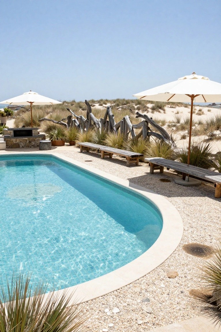 23 Luxurious Backyard Pool Oasis Ideas Worth Saving Curved turquoise pool edged in white tile and pebbles, lined with long rustic wooden benches, beach umbrellas, agave plants, and driftwood sculptures against dune grasses under blue sky.