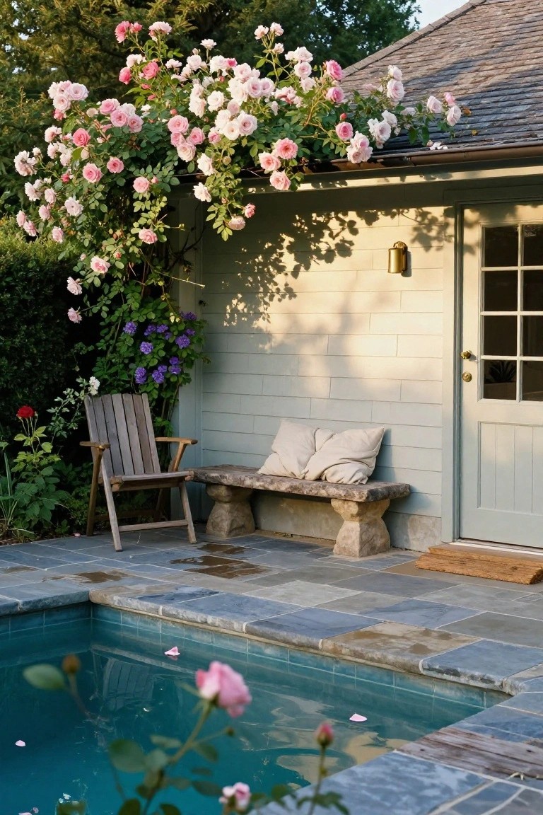 23 Luxurious Backyard Pool Oasis Ideas Worth Saving Small turquoise pool with floating pink rose petals and reflections, next to a light green clapboard building draped in pink and white climbing roses, purple clematis, a wooden folding chair, cushioned stone bench, and slate patio tiles.