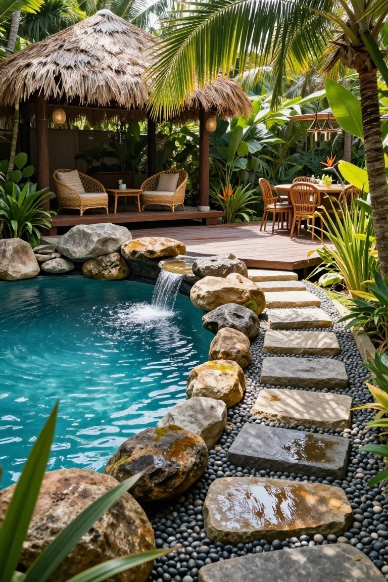 23 Luxurious Backyard Pool Oasis Ideas Worth Saving Turquoise pool with waterfall cascading from boulders, accessed by flat stepping stones over black pebbles from a wooden deck area surrounded by tropical plants and rocks.