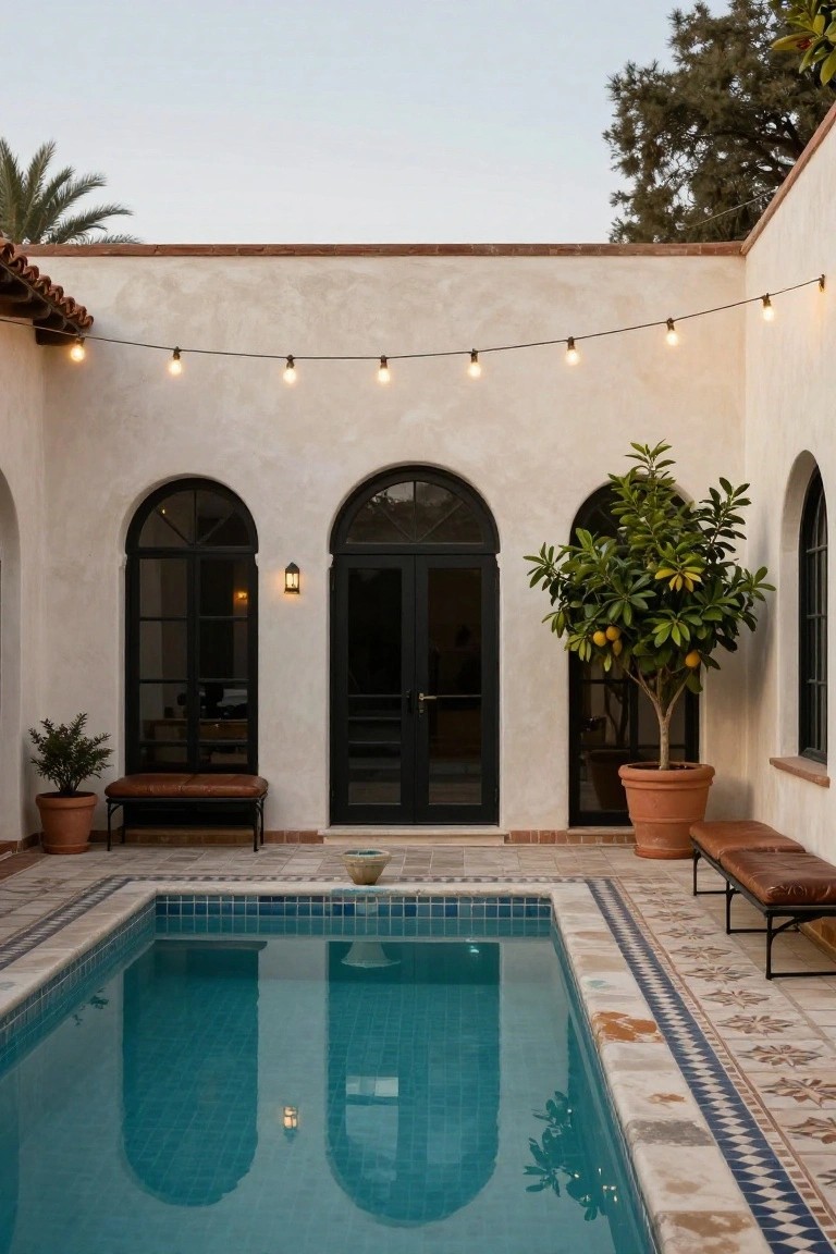 23 Luxurious Backyard Pool Oasis Ideas Worth Saving White stucco courtyard with red tile roof featuring black metal-framed arched doorways and windows overlooking a small blue-tiled rectangular pool, overhead string lights, potted citrus trees, leather benches on black metal frames, and terracotta pots.
