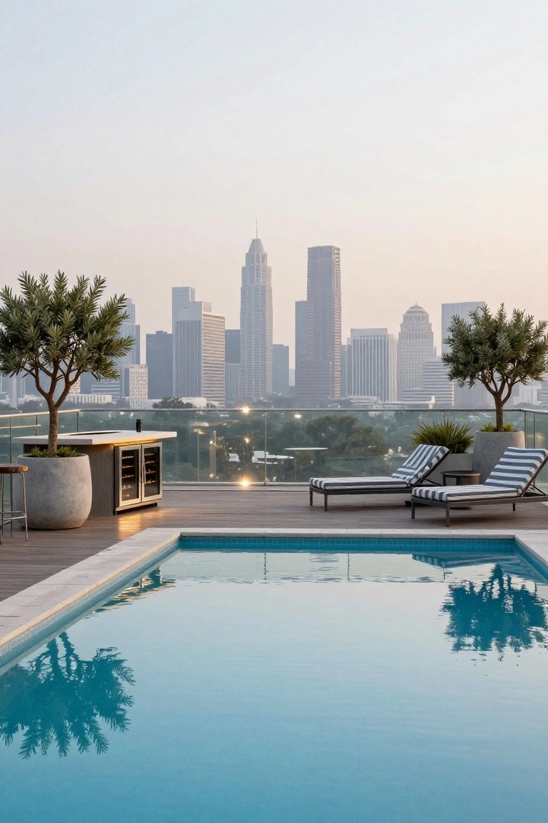 23 Luxurious Backyard Pool Oasis Ideas Worth Saving Rooftop terrace with rectangular blue pool, wooden deck, bar counter with wine cooler doors, two striped lounge chairs, potted olive trees, and glass railing overlooking city skyline at dusk.