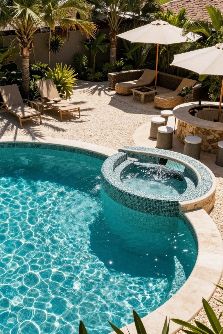 23 Luxurious Backyard Pool Oasis Ideas Worth Saving Oval turquoise pool with integrated curved mosaic-tiled hot tub featuring spillover water, adjacent stone bar with stools, lounge chairs, palm trees, and beige umbrellas on sandy ground in a tropical backyard.