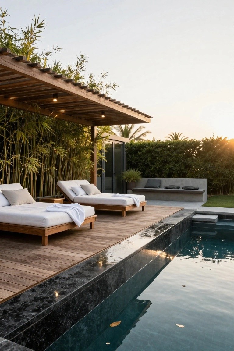 23 Luxurious Backyard Pool Oasis Ideas Worth Saving Wooden loungers with white cushions and towels under a bamboo-covered timber pergola on a deck adjacent to a dark granite-edged pool, with greenery and hedges in the background at sunset.