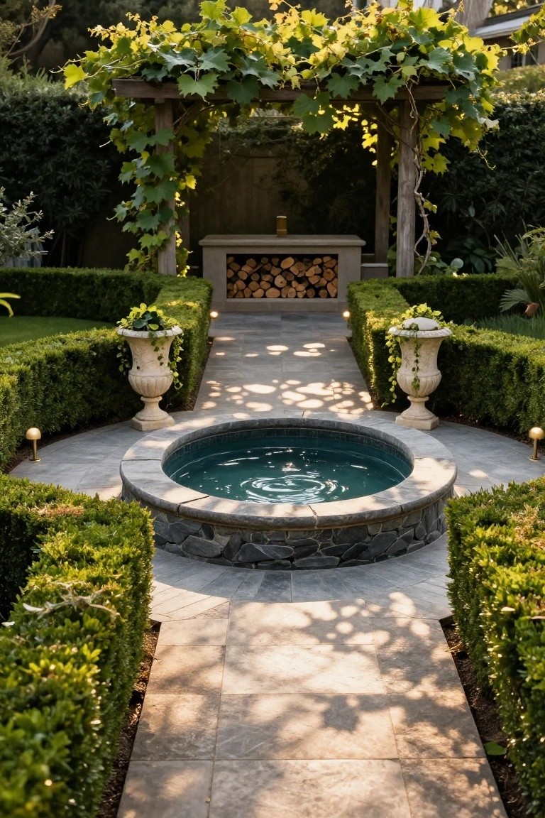 23 Luxury Natural Pool Ideas That Merge Beauty and Calm Circular green pool centered in a stone-paved courtyard surrounded by boxwood hedges, with a straight pathway flanked by urns and path lights leading under a vine-covered wooden pergola arch, and a wood storage unit nearby.