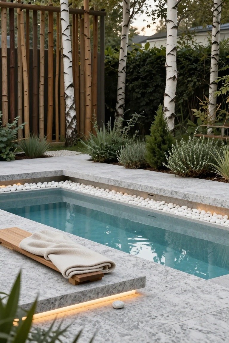 23 Luxury Natural Pool Ideas That Merge Beauty and Calm A small rectangular turquoise plunge pool with white pebble borders, surrounded by gray stone decking, a wooden bench with a folded towel, plants, and bamboo fencing in a backyard setting.