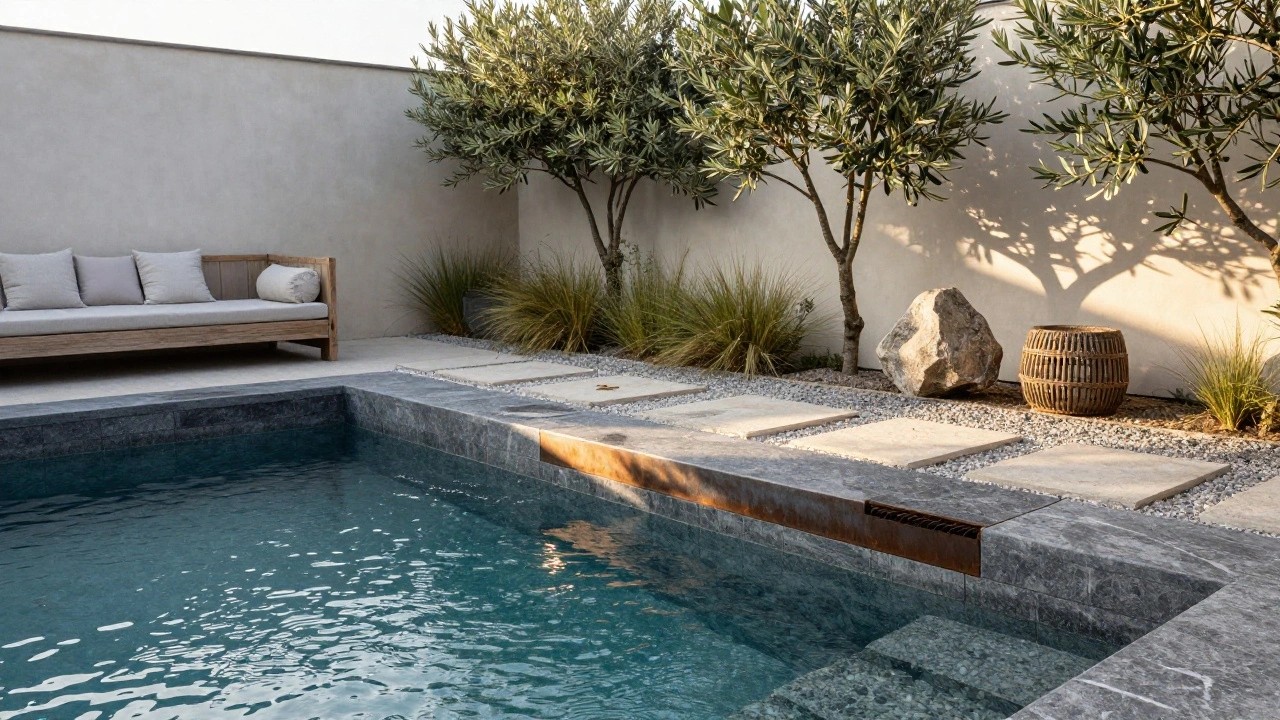 Narrow rectangular inground pool in a small gravel courtyard with olive trees, tall grasses, a wooden daybed with white cushions, stone pavers, and a large boulder nearby.
