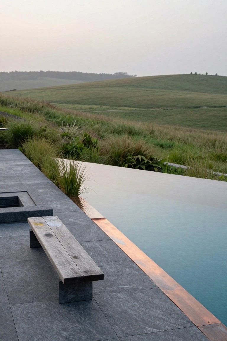 23 Luxury Natural Pool Ideas That Merge Beauty and Calm Wooden bench on dark stone paving next to a turquoise infinity-edge pool with copper trim, bordered by tall grasses and overlooking green hills and fields.