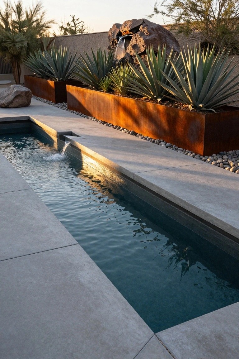 23 Luxury Natural Pool Ideas That Merge Beauty and Calm Narrow rectangular pool with small waterfall inlet, bordered by corten steel planters filled with agave plants, large rock outcrop, gravel ground cover, and desert landscaping at dusk.