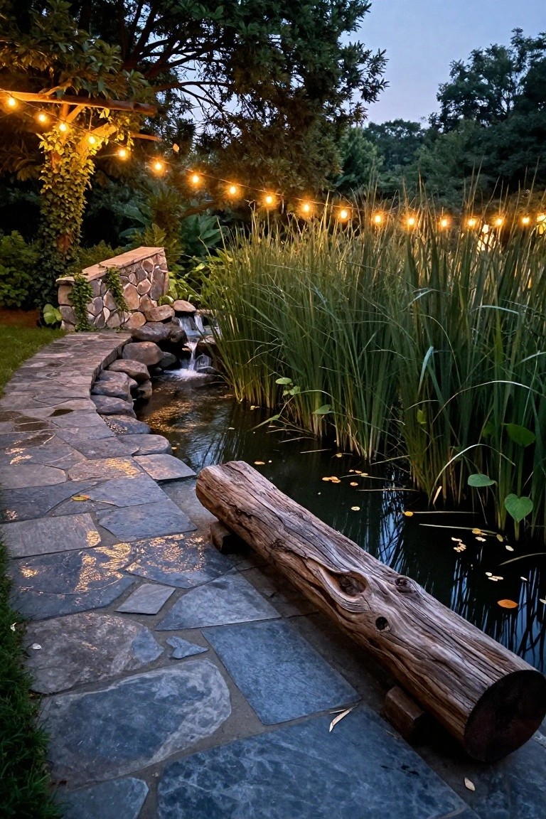 23 Luxury Natural Pool Ideas That Merge Beauty and Calm Curved flagstone pathway beside a small pond with reeds, lily pads, waterfall rocks, wooden log bench, string lights, and surrounding trees and plants at dusk.