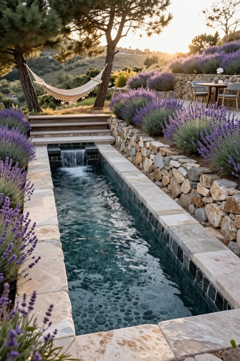 23 Luxury Natural Pool Ideas That Merge Beauty and Calm Narrow rectangular plunge pool with waterfall at one end, edged in stone slabs and surrounded by lavender plants and rock walls, hammock strung between pine trees, and a small round table with chairs on a wooden deck in a terraced garden at sunset.