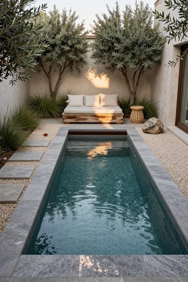 23 Luxury Natural Pool Ideas That Merge Beauty and Calm Narrow rectangular inground pool in a small gravel courtyard with olive trees, tall grasses, a wooden daybed with white cushions, stone pavers, and a large boulder nearby.