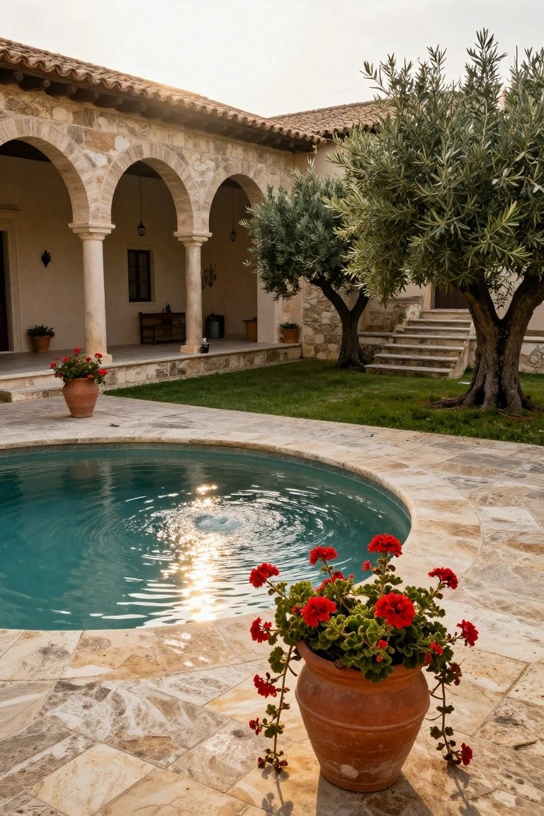 23 Luxury Natural Pool Ideas That Merge Beauty and Calm Curved turquoise pool in a stone-paved outdoor courtyard with arched colonnades on a house exterior, flanked by olive trees, potted red geraniums, and green lawn.