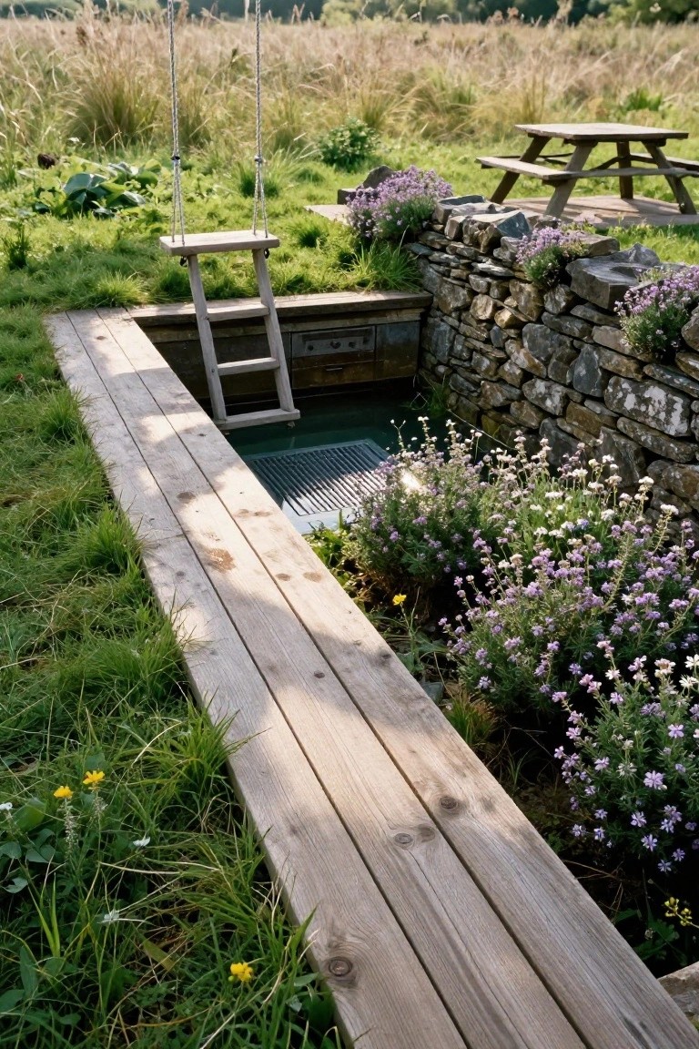23 Luxury Natural Pool Ideas That Merge Beauty and Calm A rectangular natural pool with greenish water sunken into the ground, enclosed by a curved dry stone wall with purple flowers and plants, accessed by a wooden ladder from an adjacent wooden deck path surrounded by grass and wildflowers.