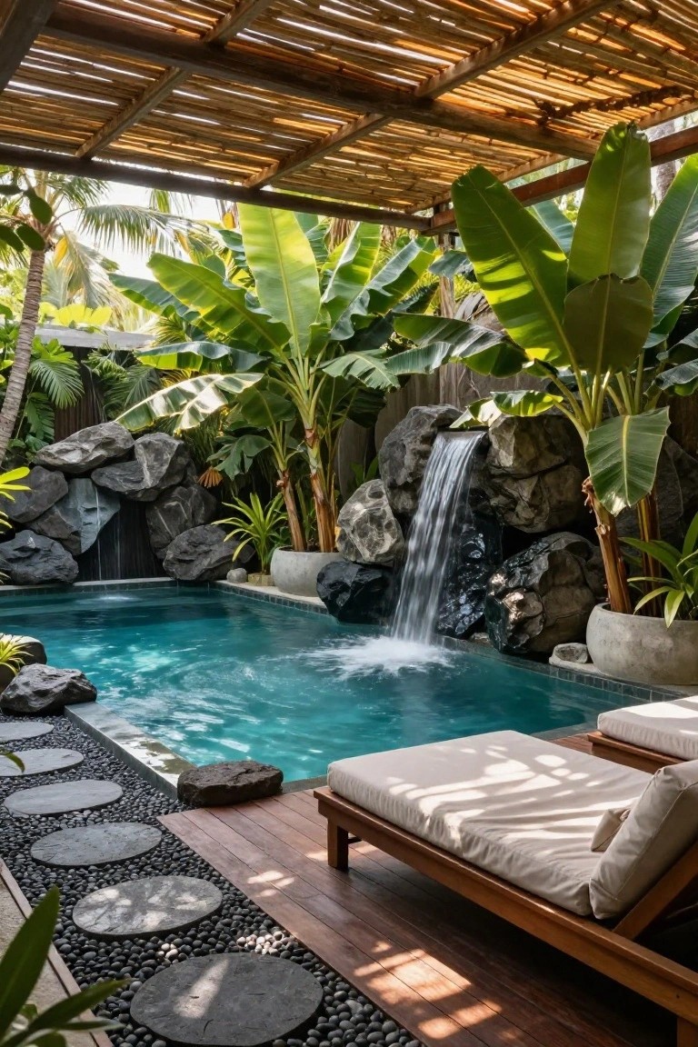 23 Luxury Natural Pool Ideas That Merge Beauty and Calm Turquoise pool with waterfall cascading from stacked dark rocks, surrounded by tropical plants including banana trees, wooden deck with beige sun loungers, and circular stepping stones over black pebbles