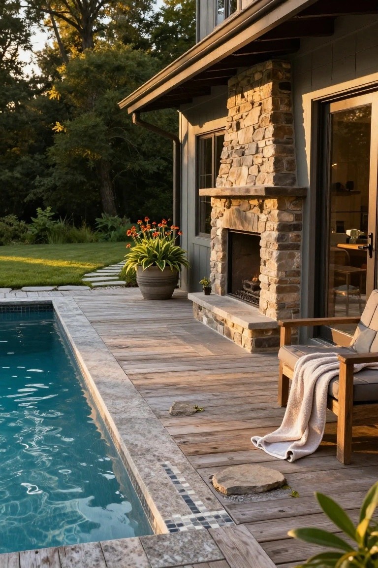 23 Luxury Natural Pool Ideas That Merge Beauty and Calm Wooden deck beside a rectangular pool with a stone outdoor fireplace built into the house wall, a wooden lounge chair with a throw blanket, potted plants, and surrounding trees and grass.