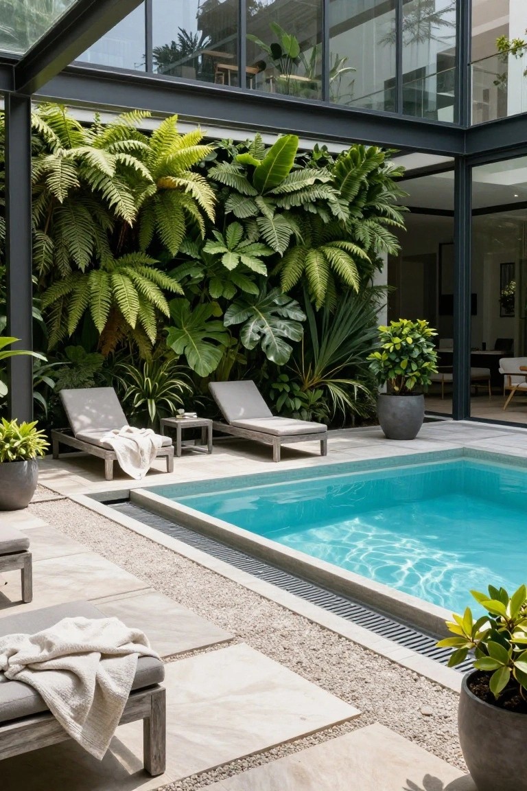23 Luxury Natural Pool Ideas That Merge Beauty and Calm A small turquoise pool with infinity edge beside two gray loungers on a light stone deck, backed by tall lush green plant walls of ferns and broad leaves, under a glass and black steel roof structure with visible indoor areas.