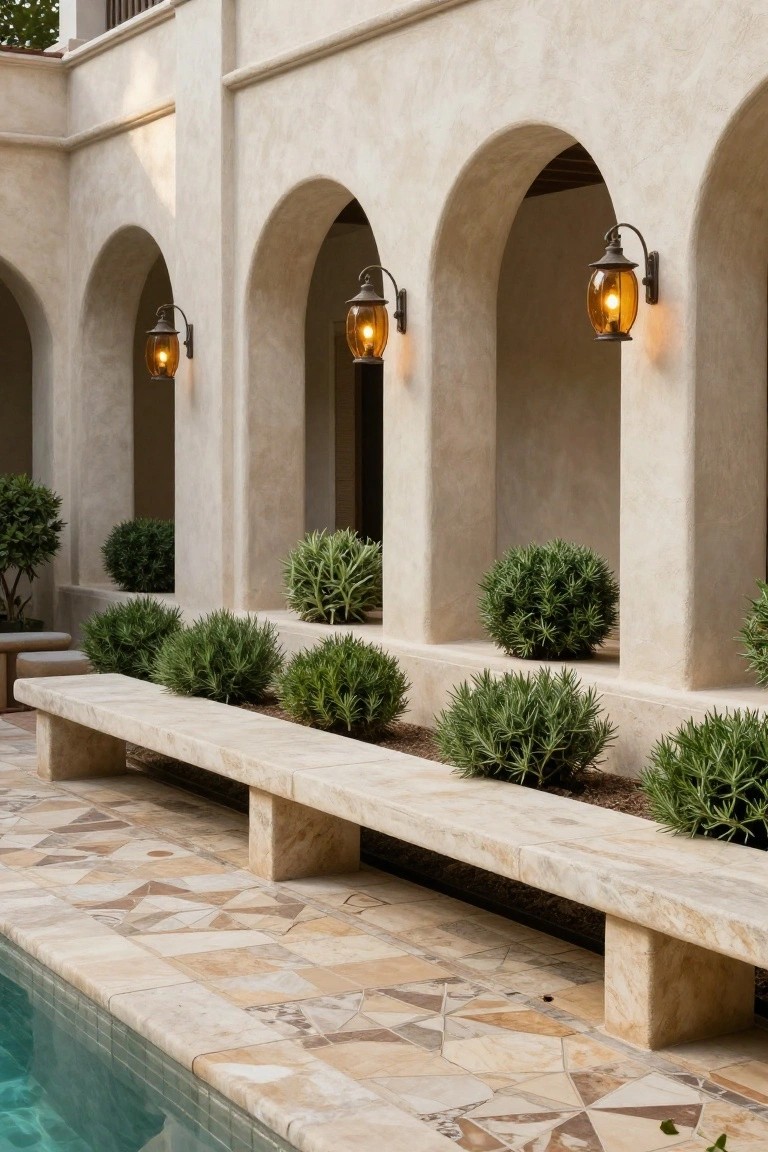 23 Luxury Natural Pool Ideas That Merge Beauty and Calm Long beige stone bench along a pool edge with patterned tile flooring, lined with spherical green shrubs in planters, beige stucco walls with arches and lanterns in the background.