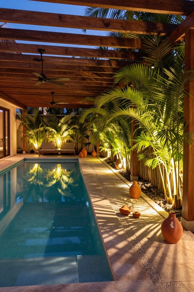23 Luxury Natural Pool Ideas That Merge Beauty and Calm Turquoise pool at dusk next to a gravel stone pathway under wooden pergola with ceiling fans, flanked by uplit palm trees, terracotta pots, and beige lounge seating.