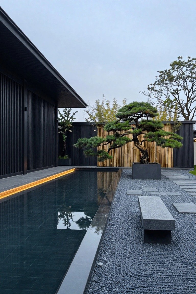 23 Luxury Natural Pool Ideas That Merge Beauty and Calm Dark rectangular pool with yellow LED edge lighting next to a modern black slatted house wall, bordered by raked dark gravel garden with large potted bonsai pine tree, bamboo fence, and gray stone bench.
