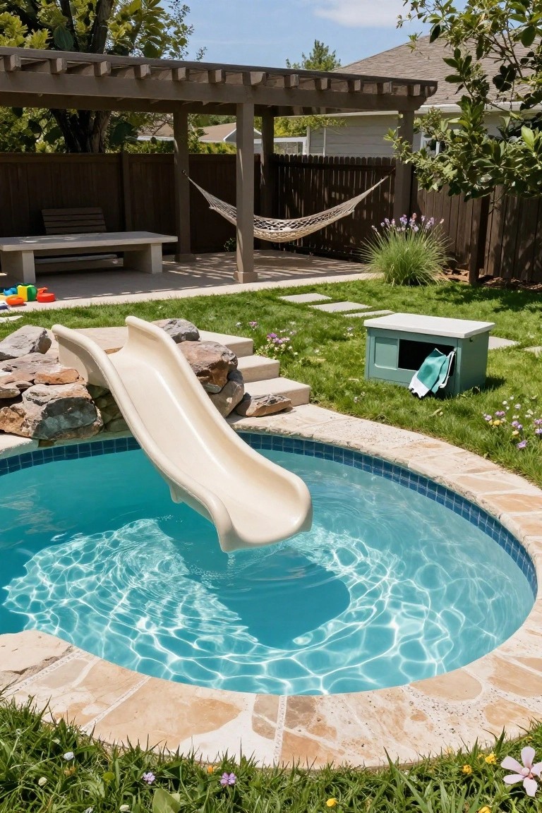 23 Luxury Natural Pool Ideas That Merge Beauty and Calm A small circular turquoise pool with a beige slide integrated into surrounding rocks and stone steps, in a backyard featuring grass, plants, a pergola, hammock, and wooden fence.