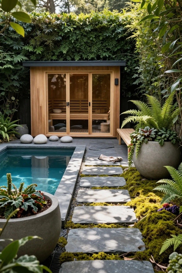 23 Luxury Natural Pool Ideas That Merge Beauty and Calm Wooden sauna cabin with glass doors and benches positioned next to a small turquoise plunge pool, connected by mossy stepping stones, surrounded by ferns, large boulders, and potted plants on a stone patio in a lush garden.