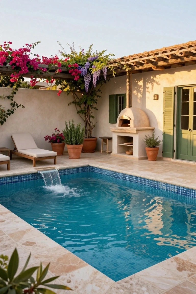 23 Luxury Natural Pool Ideas That Merge Beauty and Calm Small rectangular pool with blue mosaic tiles and spillover waterfall edge on a beige travertine patio, next to lounge chairs, potted plants, wood-fired oven, and climbing pink and purple flowers against a light stucco house wall with green shutters.