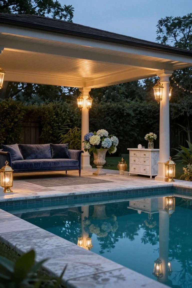 White-columned covered gazebo extending over the edge of a turquoise tiled pool at dusk, with navy velvet sofa, white side tables, large blue hydrangea arrangements in urns, gold decorative pots, and multiple lit hanging and freestanding lanterns plus string lights amid greenery.