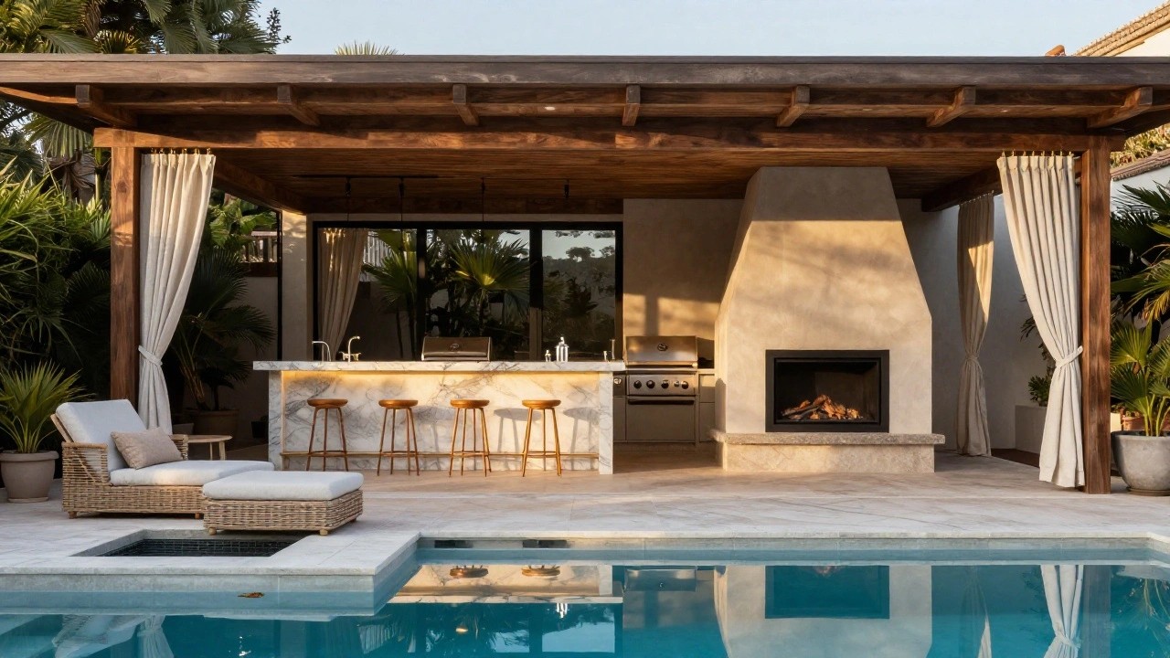 Outdoor kitchen island with marble countertop, built-in grill, sink, and linear gas fireplace under a wooden pergola with white curtains, next to a pool and lounge chairs on tiled patio.