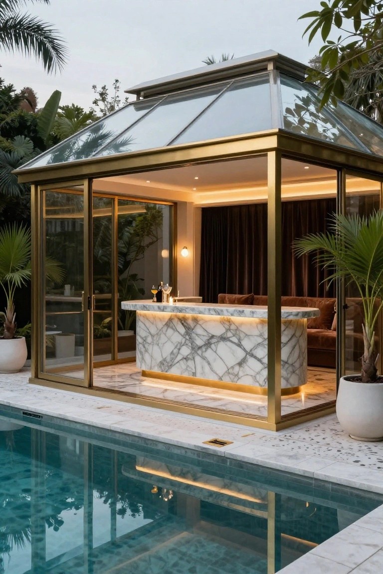 Glass-walled pavilion with gold metal frames next to a turquoise pool, containing a curved white marble bar, brown upholstered sofa, bar stools, drinks on the counter, and potted palms inside and out.