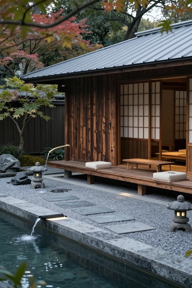 Wooden Japanese-style building with shoji screen doors, raised engawa porch with cushions and low table, stone lanterns, gravel path, and rectangular pool with water inlet at the edge, surrounded by rocks and trees.
