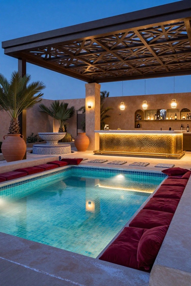 Dusk view of a Moroccan-style outdoor gazebo featuring a blue mosaic-tiled rectangular plunge pool with red cushions along the edge, golden hammered bar counter, terracotta pots, palms, hanging lanterns, and latticed metal pergola roof.