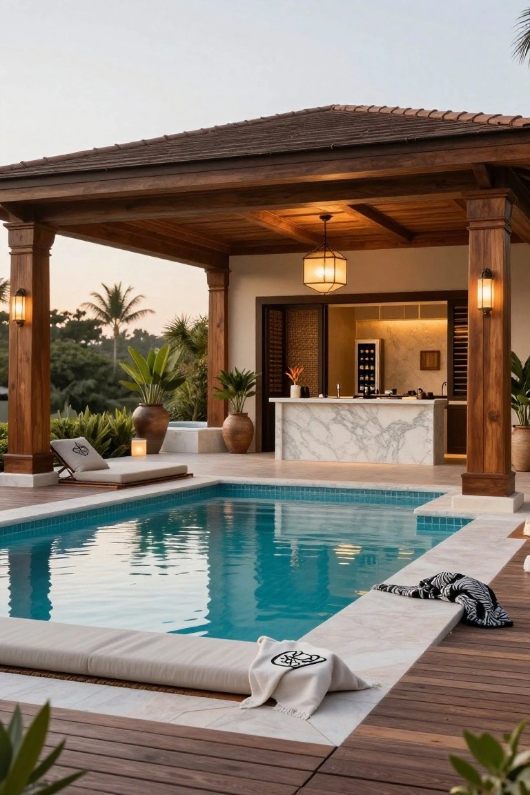 Wooden pergola gazebo sheltering a marble bar counter with stools, adjacent to a turquoise pool, surrounded by potted plants and loungers in a tropical outdoor setting at dusk.
