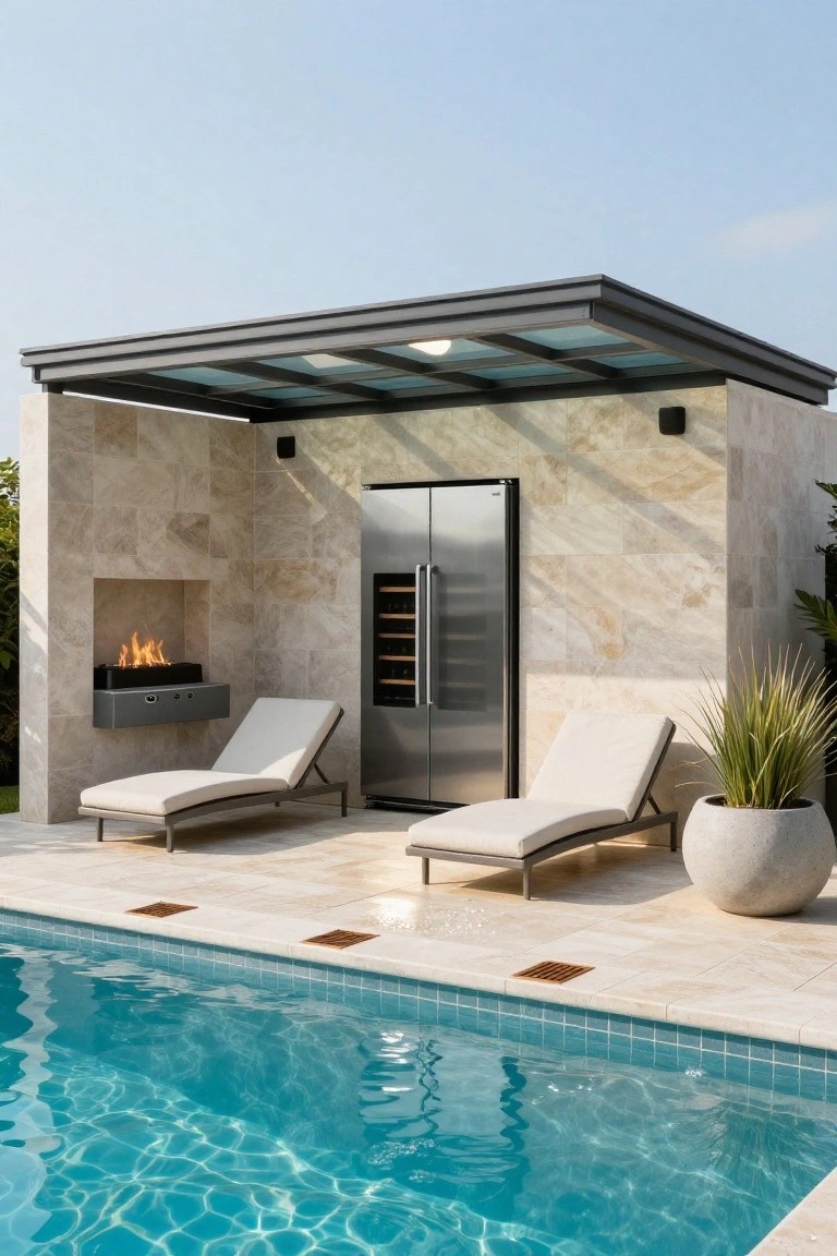 Beige stone outdoor gazebo beside a turquoise pool, featuring a built-in gas fire pit, stainless steel refrigerator with wine cooler doors, two white lounge chairs, and potted plants under a glass-paneled roof.