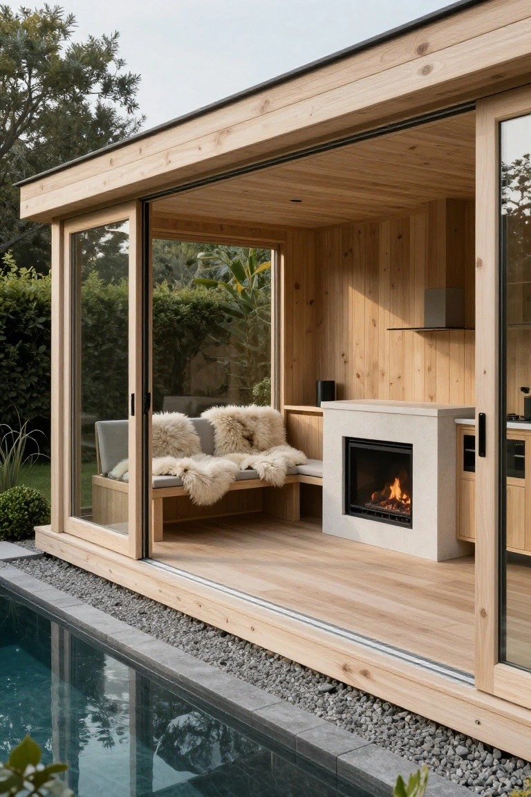 Wooden poolside pavilion with open sliding glass doors, built-in gray bench topped with white sheepskin throws, linear gas fireplace in white stone surround, small wooden counter with sink, adjacent to a rectangular pool with pebble edging.